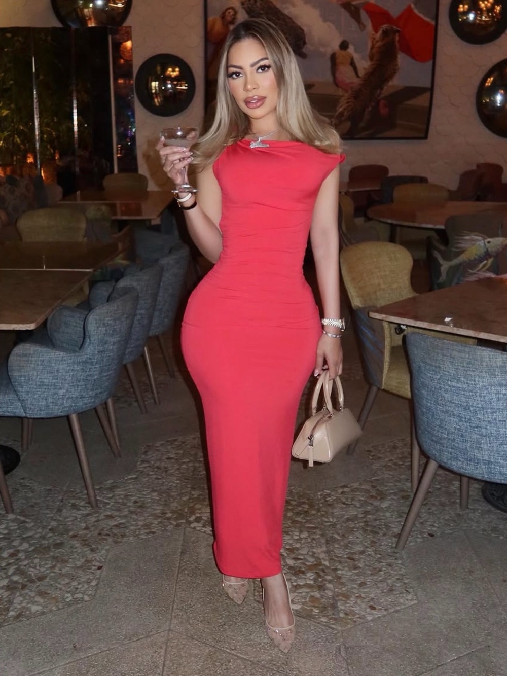 Sculpted Red Maxi Dress with Cap Sleeves